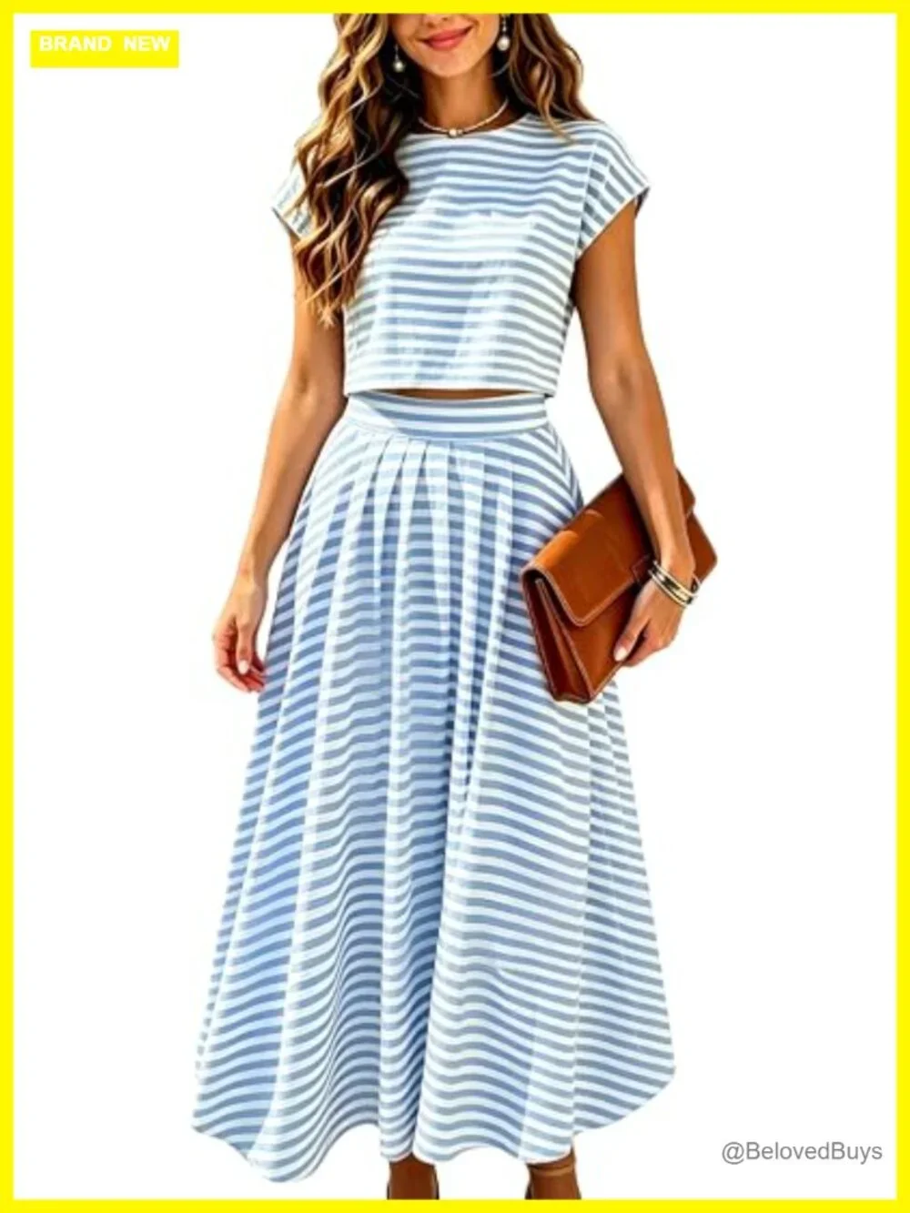 Striped 2 Piece Outfit Cap Sleeve Crop Top Midi Skirt Set Travel Matching